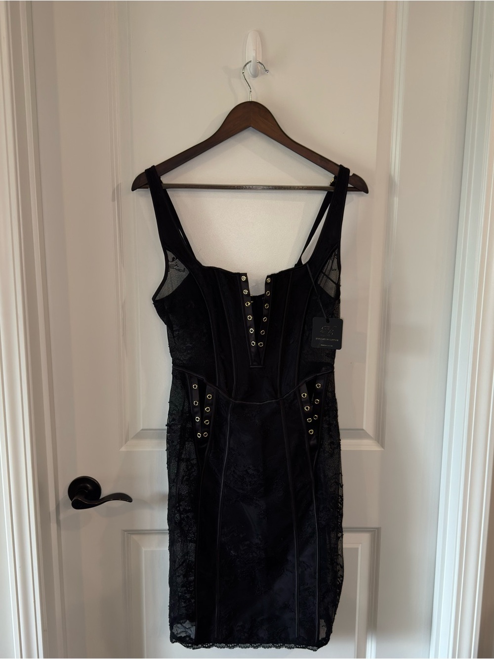 Honey Birdette Rebecca Mini Lace Up Lace Dress in Black - Picture 2 of 16